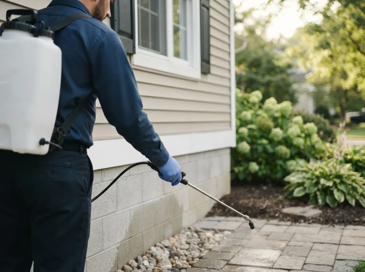 Pest control technician inspecting a home in Warren, IL